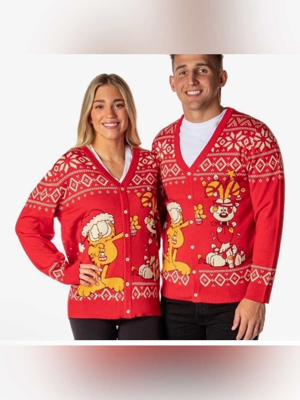 Garfield Ugly Christmas Sweater Cardigan Medium Odie Dog Cat Red Santa Holiday